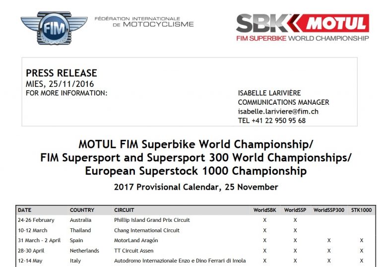 2017 calendario Superbike, Supersport, Superstock e Supersport 300